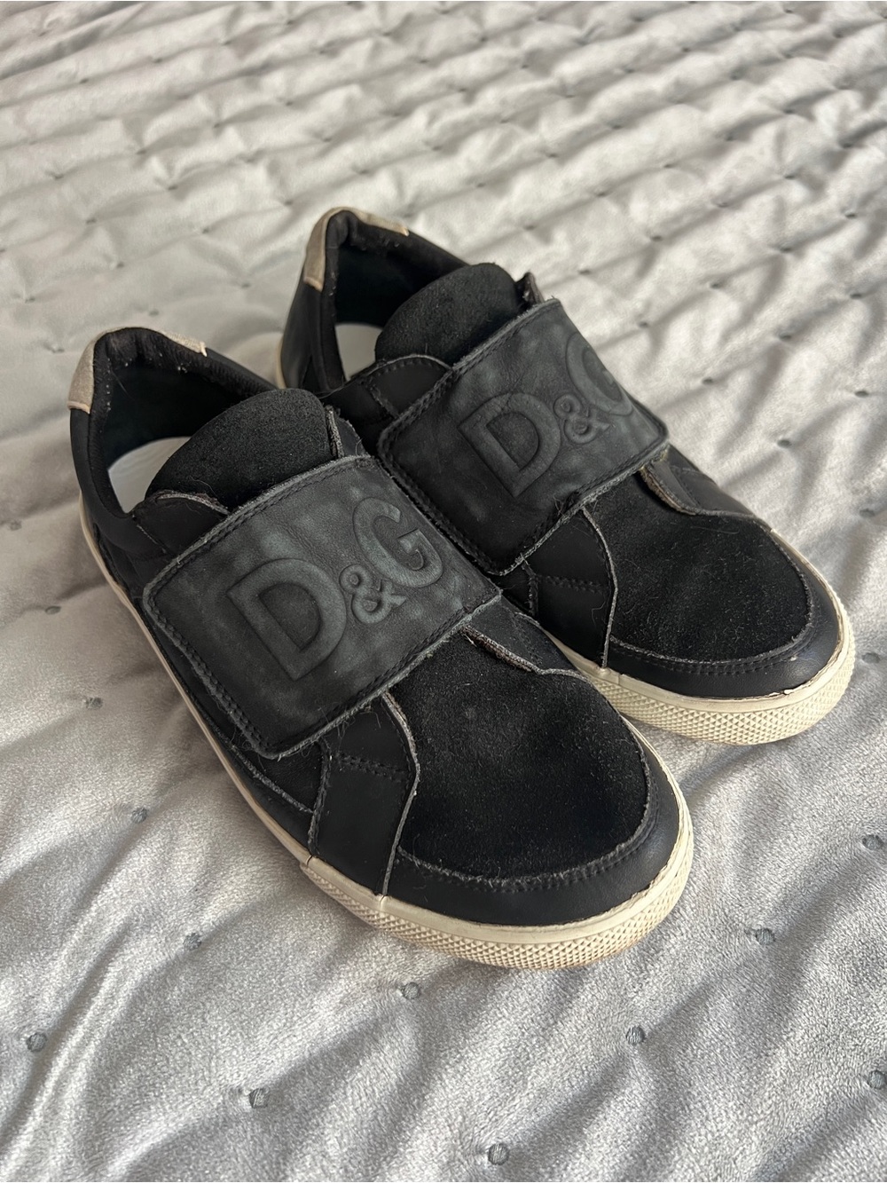 D&G Black Suede Kids Slip-On Sneakers with Logo Strap 38